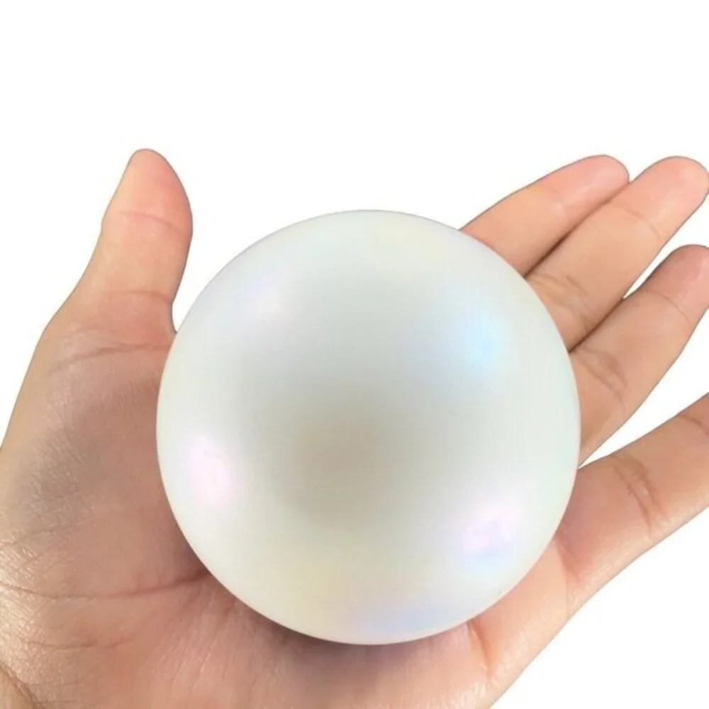 Vintage Art Glass Paperweight Round Orb White‎ Iridescent With Blue Swirls Lines